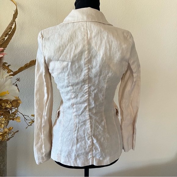 Cat’s y2k Chic Cream Linen Double-Breasted Blazer w Pockets & Brown Buttons - Picture 4 of 10